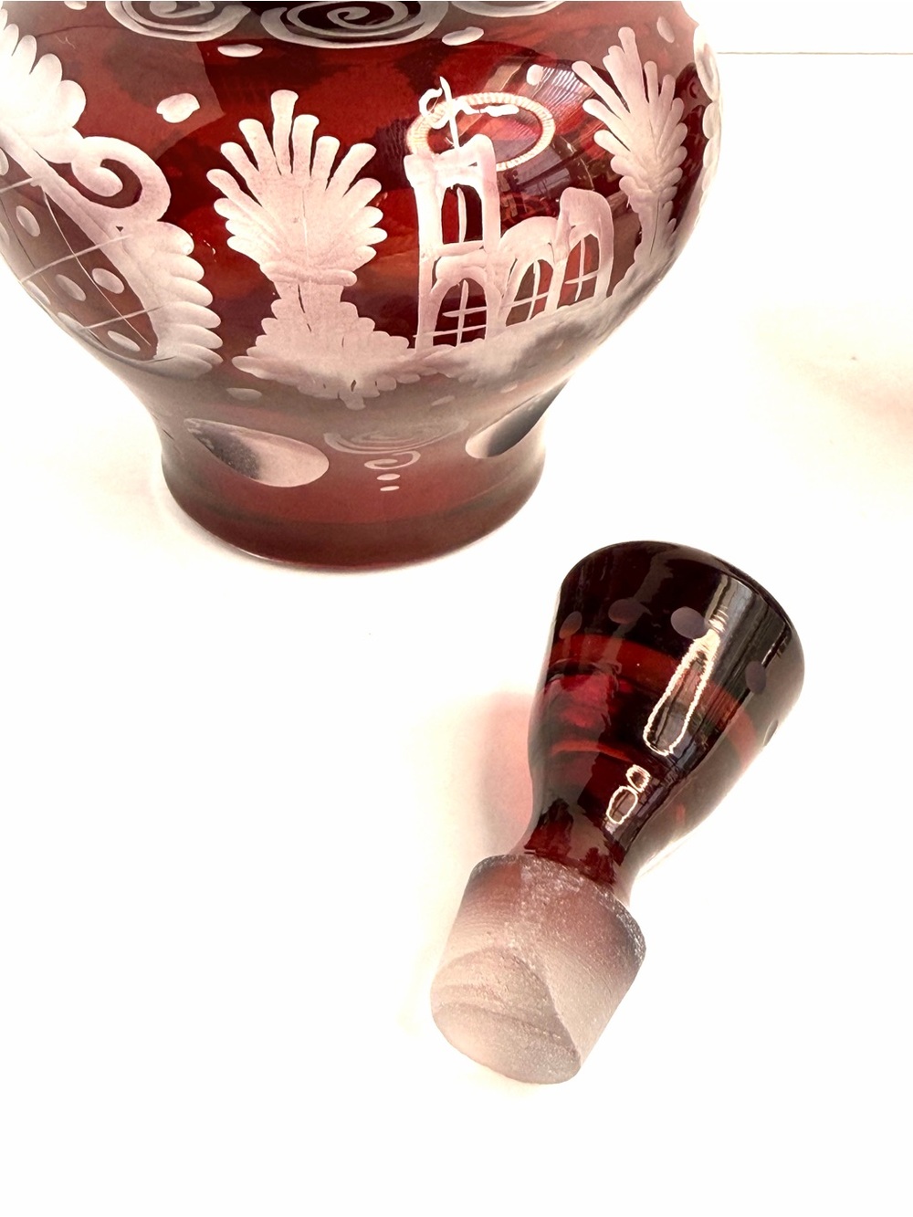 Egermann Ruby Cut To Clear Bohemian CZECH ART GLASS Bottles w/ Stoppers Set of 2 - Picture 3 of 16